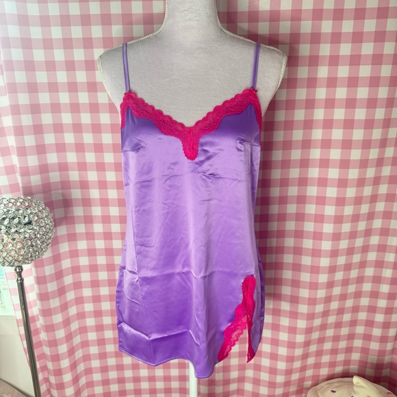 Victoria's Secret Other - Victorias Secret Tease 🎀 NWT Purple Satin + Pink Lace Slip nightgown 🌙
